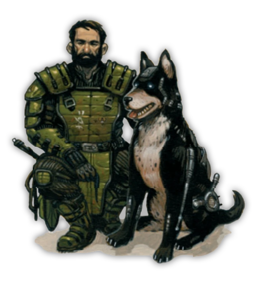 A soldier kneeling beside a cybernetic dog